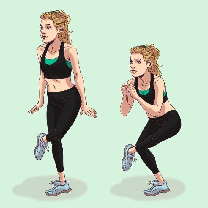 1. Squats gác chân - Đứng thẳng, hai tay để hai song song cơ thể. Gác một chân lên đầu gối chân còn lại, lúc này cơ thể trong tư thế ngồi xổm.  - Lưu ý, không đổ người về phía trước, giữ thẳng lưng để làm căng cơ mông. - Mỗi chân thực hiện 15 lần.