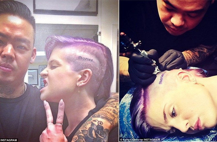 Nữ MC show Fashion Police Kelly Osbourne gọt trọc một bên đầu để xăm chữ Stories lên đó.