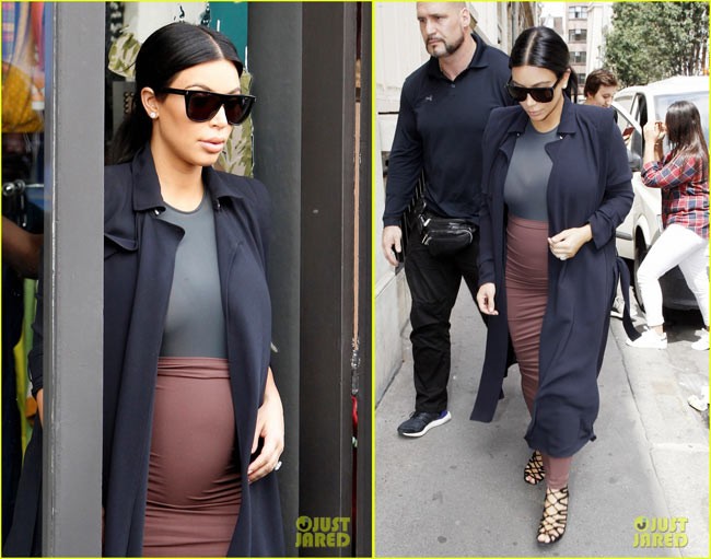 Bước vào tam cá nguyệt thứ hai,  Kim Kardashian lộ rõ bụng bầu. Cộng thêm trang phục luôn là váy bó sát, nên ngôi sao truyền hình thực tế càng không giấu được cái bụng lùm lùm.