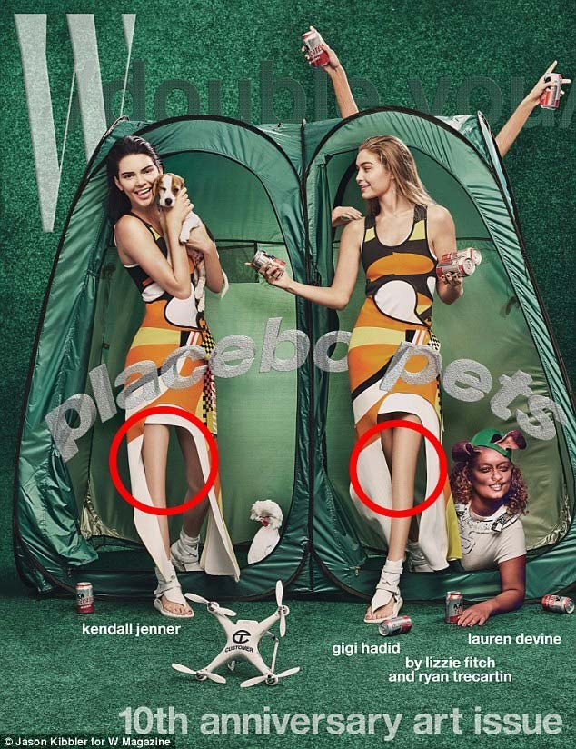 Trong một buổi chụp hình thời trang mới đây nhất người mẫu  Kendall Jenner và Gigi Hadid đã bị photoshop quá đà, mất luôn cả đầu gối.