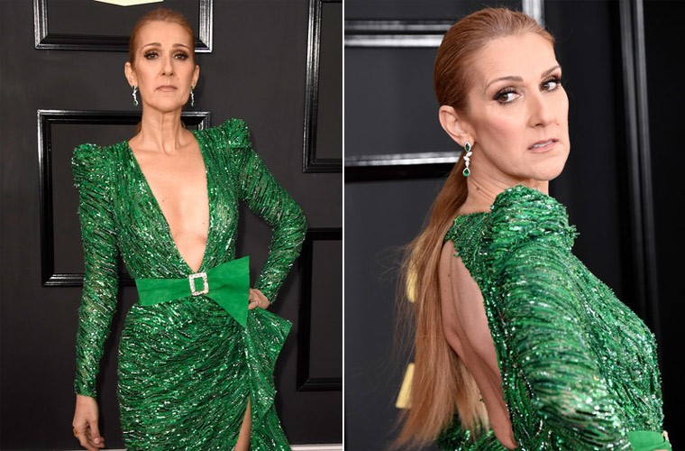  Celine Dion tới dự lễ trao giải Grammy 2017 với bộ váy màu xanh ngọc lục bảo của nhà thiết kế Zuhair Murad gown kết hợp với bộ trang phục cùng màu. Tuy nhiên nữ diva vẫn không thể giấu được vẻ già nua ở tuổi U50 dù đã trang điểm rất đậm và trang phục rất bắt mắt.