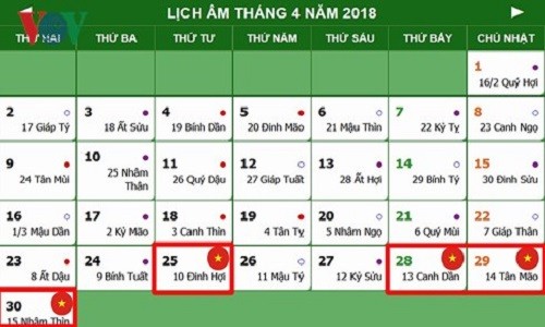 Lịch nghỉ chính thức Giỗ Tổ Hùng Vương, 30/4 và 01/5/2018