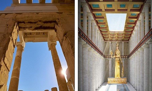 Đền Parthenon ở Athens, Hy Lạp  tuyệt tác kiến trúc nổi tiếng thế giới được xây dựng vào thế kỷ 5 trước Công nguyên. Các sử gia tin rằng, sau khi hoàn thành, bên trong ngôi đền có một bức tượng cao 12m làm từ 1.140 kg vàng (phải ảnh). Tuy nhiên, theo thời gian, đền Parthenon bị hư hại khá nhiều, không còn giữ được vẻ đẹp như ban đầu (trái ảnh).