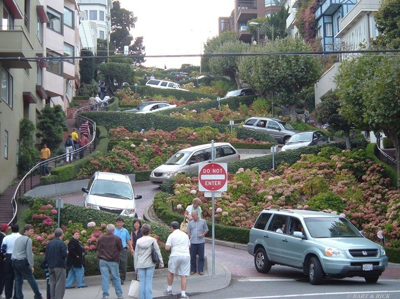 Nằm ở San Francisco,  con đường zích zắc Lombard Street nổi tiếng thế giới là con phố dốc nhất nước Mỹ với 8 khúc ngoặt gấp rất hẹp.