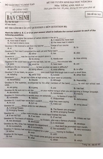Đề thi ĐH môn tiếng Anh khối A1 năm nay được đánh giá là vừa sức với thí sinh. Đề thi gồm 80 câu với 6 mã đề, thời gian làm bài là 90 phút. Trong ảnh là mã đề 163.