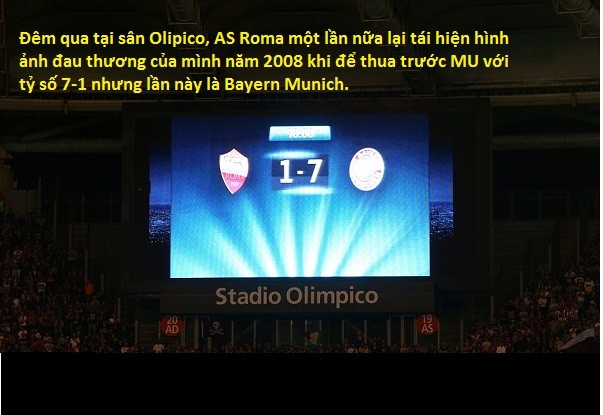 Lượt đấu đêm qua có nhiều mưa bàn thắng được các đội tạo ra và đây cũng là lượt đấu nhiều bàn thắng nhất lịch sử UEFA Champions League. Tại sân Olimpico của AS Roma, đội chủ nhà đã bị Hùm xám Bayern Munich vùi dập với tỷ số 7-1. Tỷ số này gợi lại quá khứ đau thương cho các CĐV của AS Roma khi cũng với tỷ số này họ đã bị MU loại khỏi vòng tứ kết năm 2008.
