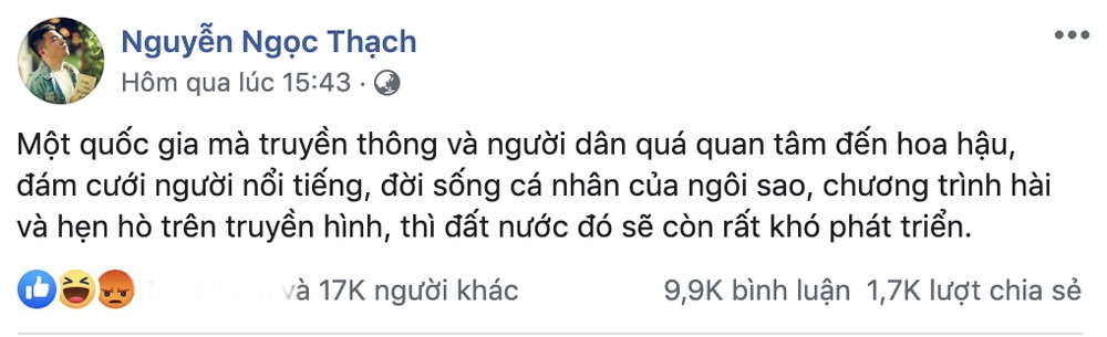 Ngày 9/11, trên Facebook cá nhân của nhà văn  Nguyễn Ngọc Thạch bất ngờ xuất hiện một dòng trạng thái "lạ" về việc đất nước kém phát triển vì người dân quan tâm đến...đám cưới. Đặc biệt, dòng trạng thái được đăng tải đúng ngày cưới của Đông Nhi - Ông Cao Thắng khiến ai cũng ngờ ngợ rằng nhà văn trẻ đang "cà khịa cặp đôi này".