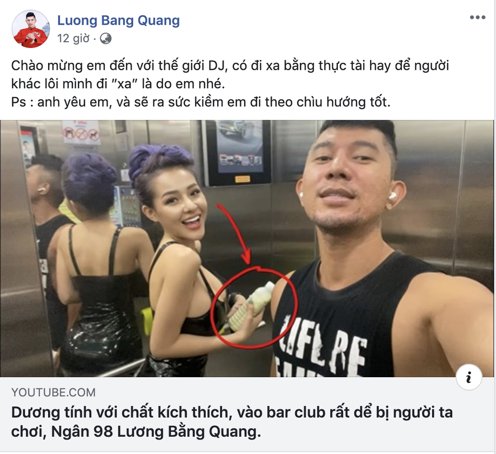 Mới đây, trên kênh Youtube cá nhân, Lương Bằng Quang bất ngờ đăng tải video với tiêu đề: "Dương tính với chất kích thích, vào bar club rất dễ bị người ta chơi,  Ngân 98 Lương Bằng Quang" thu hút sự quan tâm của cộng đồng mạng.