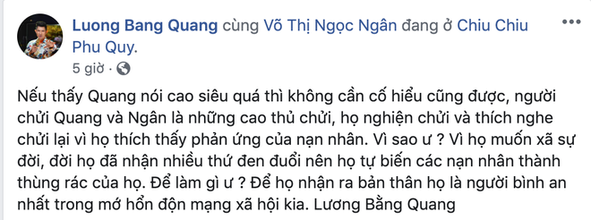 Cách đây ít ngày, hàng loạt diễn đàn về hội nhóm showbiz rầm rộ trước việc hot girl  Ngân 98 - bạn gái Lương Bằng Quang đá đểu Ngọc Trinh. Cụ thể, cô lên tiếng phủ nhận tin đồn cặp kè đại gia lấy tiền bằng cách đưa ra hàng loạt dẫn chứng.