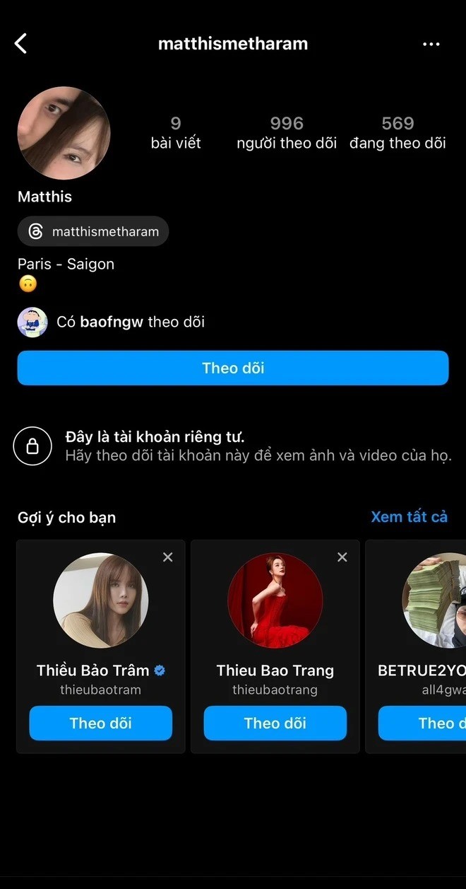 Tối 24/6, Matthis - bạn trai tin đồn của Thiều Bảo Trâm bấy lâu bất ngờ thay đổi ảnh đại diện Instagram. Ngay lập tức, nhiều người đã nhận ra đây là bức ảnh mà Matthis chup cùng nữ ca sĩ họ Thiều.