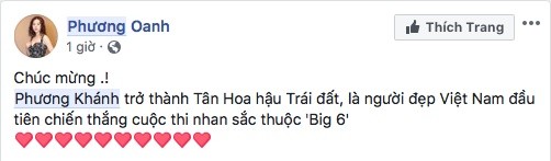 Lần đầu tiên trong lịch sử, đại diện Việt Nam đã làm nên kỳ tích chưa từng có tại cuộc thi Hoa hậu Trái đất. Ngay sau giây phút đăng quang, cơn bão đổ bộ Facebook tràn ngập lời chúc mừng tân Hoa hậu Trái đất 2018 Nguyễn  Phương Khánh. "Quỳnh búp bê" Phương Oanh gửi lời chúc mừng đến tân Hoa hậu Trái đất.