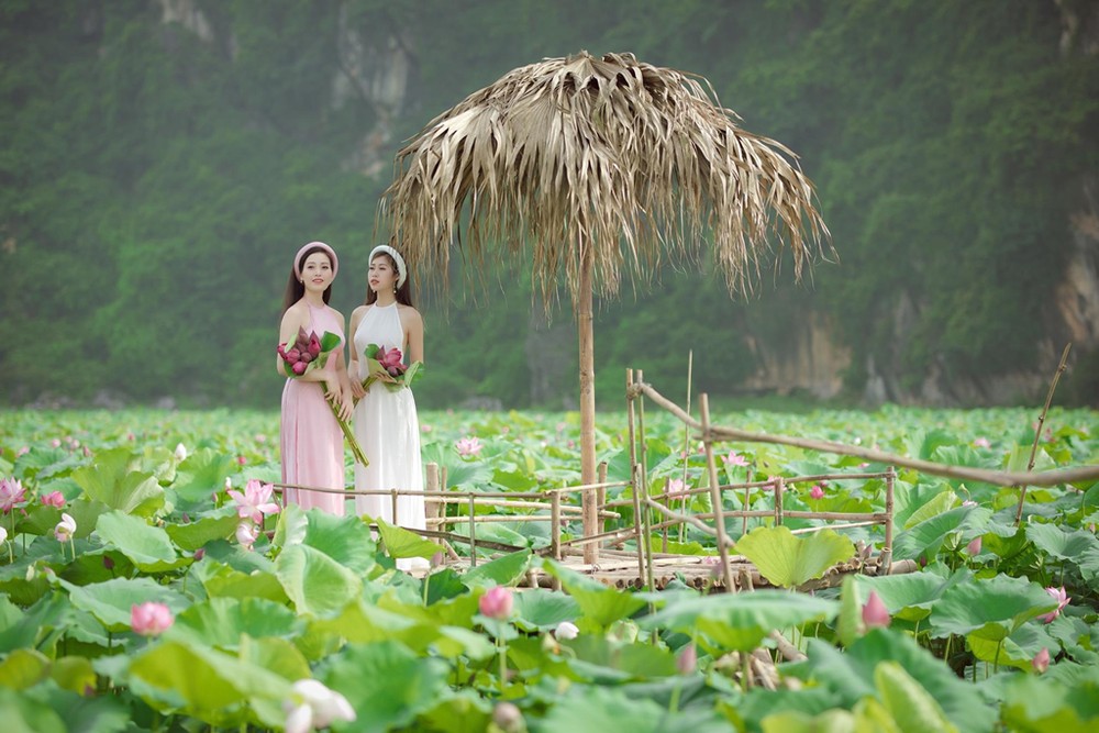 Trong trang phục áo dài, áo tứ thân và lối trang điểm nhẹ nhàng, bố cục ảnh ấn tượng và cách tạo dáng chuyên nghiệp, bộ ảnh chụp cùng sen của chị em Huyền Trang - Thục Linh mang đến nhiều cảm xúc lắng đọng cho người xem.