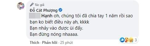 Mới đây, trong màn "khẩu chiến" đôi co qua lại cùng antifan,  Cát Phượng gây xôn xao khi viết bình luận cho biết đã tan vỡ với Kiều Minh Tuấn cách đây một năm.