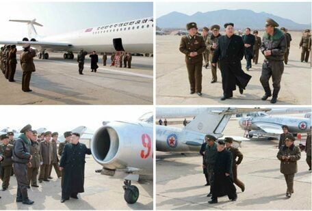 Hãng thông tấn Nhà nước Triều Tiên hôm 9/3 đăng tải loạt ảnh nhà lãnh đạo Kim Jong-un tới thăm đơn vị tiêm kích phản lực cùng đoàn cán bộ cấp cao. Đặc biệt, ông tới thăm căn cứ bằng chiếc phản lực chuyên cơ Il-62. Khác với cha ông - nhà lãnh đạo Kim Jong-il, ông Kim Jong-un thường xuyên dùng chuyên cơ.