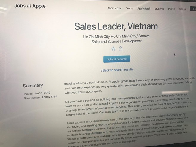 Apple tuyển Giám đốc kinh doanh tại Việt Nam