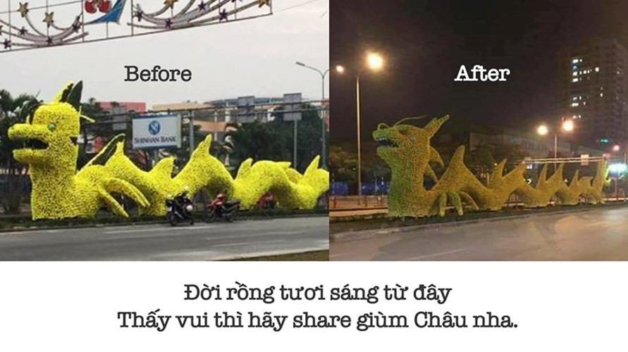 Đầu năm 2017, cộng đồng mạng ở Việt Nam không ngừng xôn xao trước  mô hình rồng lạ trên đường Lê Hồng Phong (Ngô Quyền, Hải Phòng) bởi sự khác biệt so với các mẫu con rồng truyền thống... Và sau khi gây nhiều tranh cãi bởi hình dáng kỳ lạ, "con rồng Pikachu" ở Hải Phòng đã được cơ quan chức năng chỉnh sửa lại cho "giống rồng". Ảnh: Nguyễn Thị Minh Châu.