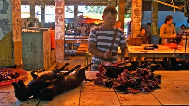 Khu bán thịt Minahasa, thuộc chợ Tomohon sầm uất, nằm ở gần cao nguyên núi lửa Bắc Sulawesi, họp vào thứ 7 hàng tuần.  Chợ Tomohon nổi tiếng của Indonesia thu hút du khách với nhiều món ăn kinh dị như thịt dơi, thịt trăn, chuột, chó...