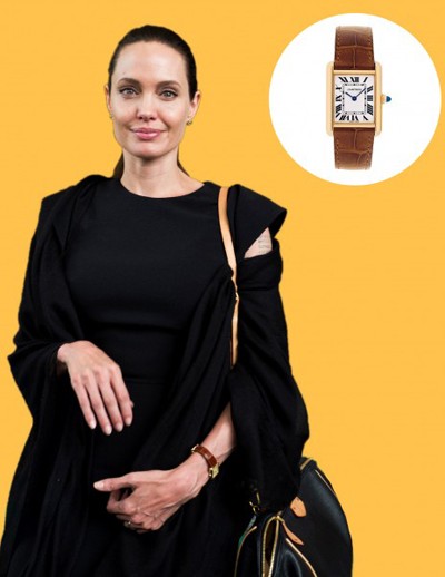 Angelina Jolie thường đeo chiếc Tank Louis của Cartier. Chiếc  đồng hồ hàng hiệu này được chế tác từ vàng 18k ở phần thân cùng bề mặt tráng men sang trọng. Giá của chiếc Tank Louis hơn 9.000 USD (khoảng 200 triệu đồng).