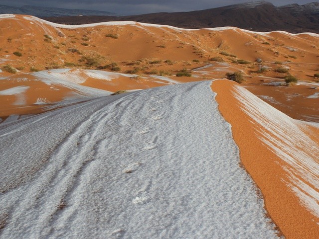 Tuyết rơi ở sa mạc Sahara: Hầu hết chúng ta đều nghĩ rằng sa mạc là nơi nóng nhất trên trái đất. Thế nhưng, tuyết vẫn có thể rơi ở sa mạc và cảnh tượng trắng xóa này có thể được nhìn thấy từ ngoài không gian.