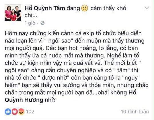 Dòng trạng thái bức xúc của chị gái Hồ Quỳnh Hương.