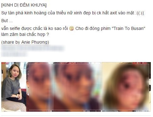 Mạng xã hội đang lan truyền tấm hình người phụ nữ bị  tạt axit, một phần gương mặt và mắt bị hủy hoại hoàn toàn. Nhìn những tấm hình chụp này khiến nhiều người hoảng sợ.