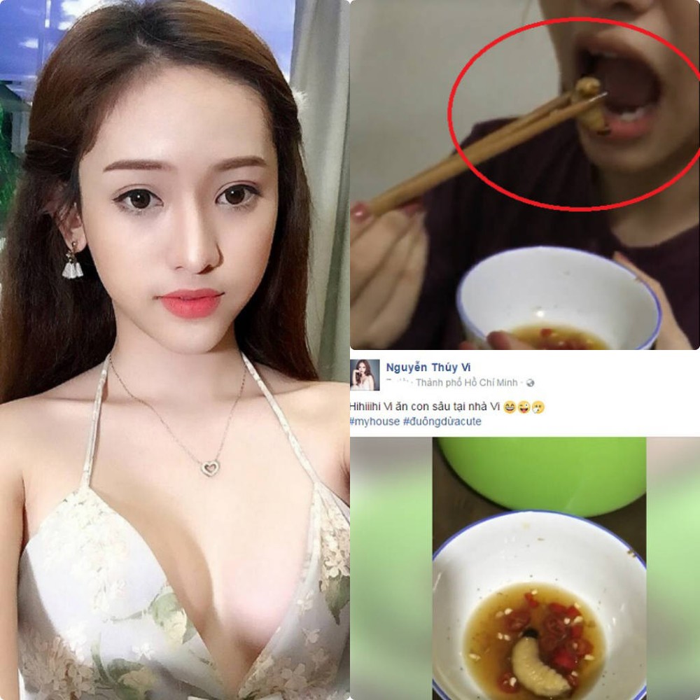 Mới đây, trên trang Facebook của  Thúy Vi đăng tải đoạn clip có độ dài chưa đến một phút ghi lại cảnh cô vui vẻ thưởng thức những con "sâu lạ" kèm theo chú thích: "Vi ăn con sâu tại nhà Vi". Theo dõi những gì đang diễn ra trong clip này khiến nhiều người không khỏi rùng mình.