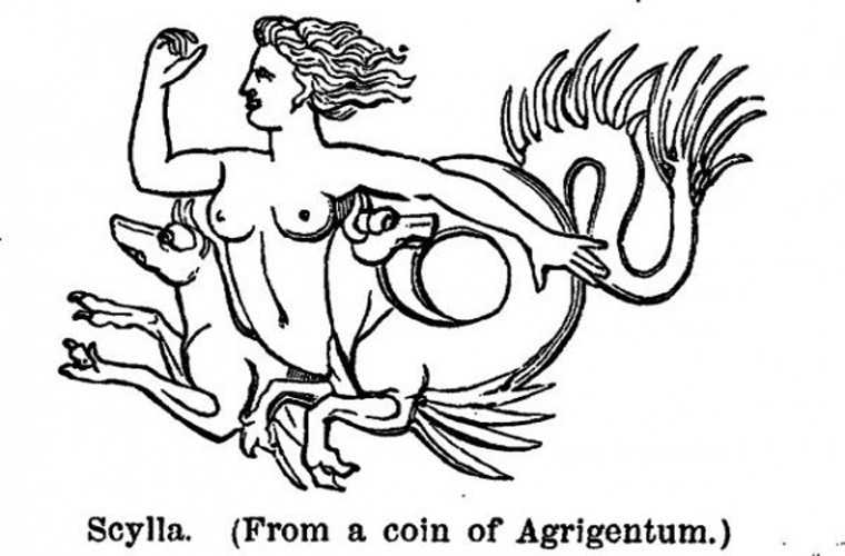 Scylla có 12 xúc tu như chân, đuôi mèo và 6 đầu chó quanh eo. Con quái vật biển này xuất hiện trong sử thi Odyssey. Nó thường ám các hòn đá nằm trong một vịnh nhỏ, đối diện với xoáy nước Kharybdis. Những thuyền đi lại gần nó dễ bị nuốt chửng.