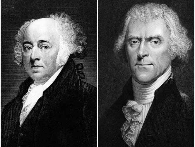 1. Tổng thống John Adams và Tổng thống Thomas Jefferson: Adams và Jefferson là người gốc Mỹ. Nhưng hai người đàn ông cũng là đối thủ chính trị với chủ trương khác nhau. Adams là người chủ trương chế độ Liên bang từ Massachusetts, trong khi Jefferson là người chống chế độ Liên bang từ Virginia. Hai ông đều là hai vị “khai quốc công thần” của Hoa Kỳ, đều giữ cương vị Tổng thống, là những người bạn tâm thư và thường xuyên viết thư cho nhau trong nhiều năm.