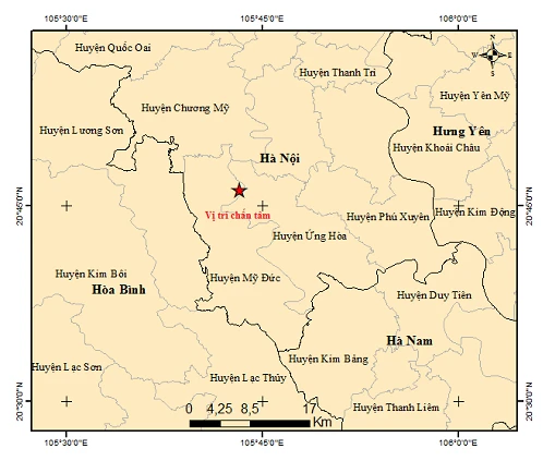 Vào lúc 8 giờ 5 phút 35 giây (giờ Hà Nội) hôm nay, ngày 25/3, một trận động đất có độ lớn 4 độ Richter xảy ra tại khu vực H.Mỹ Đức (Hà Nội). Ảnh: Bản đồ tâm chấn động đất lúc sáng nay tại H.Mỹ Đức (Hà Nội). Nguồn: Viện Vật lý Địa cầu.