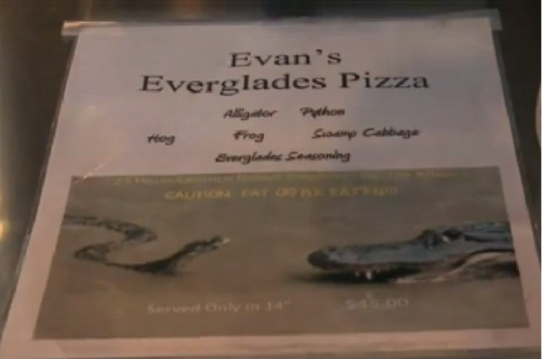 Cửa hàng Everglades Pizza tại Florida vừa cho ra mắt món ăn độc đáo pizza thịt trăn với lời chú thích nhí nhảnh: "Hãy ăn thịt chứ đừng bị ăn thịt".