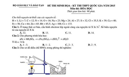 Đề thi minh họa THPT quốc gia 2015 môn Hóa và đáp án