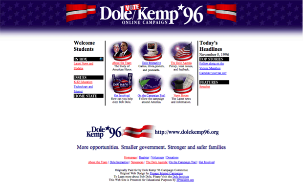  1. Bob Dole/Jack Kemp Presidential Campaign (1996) Trang web của ứng cử viên tổng thống Mĩ, Bob Dole sau 18 năm bị bỏ bê, không ai cập nhật thông tin vẫn "sống nhăn" (dolekemp96.org).