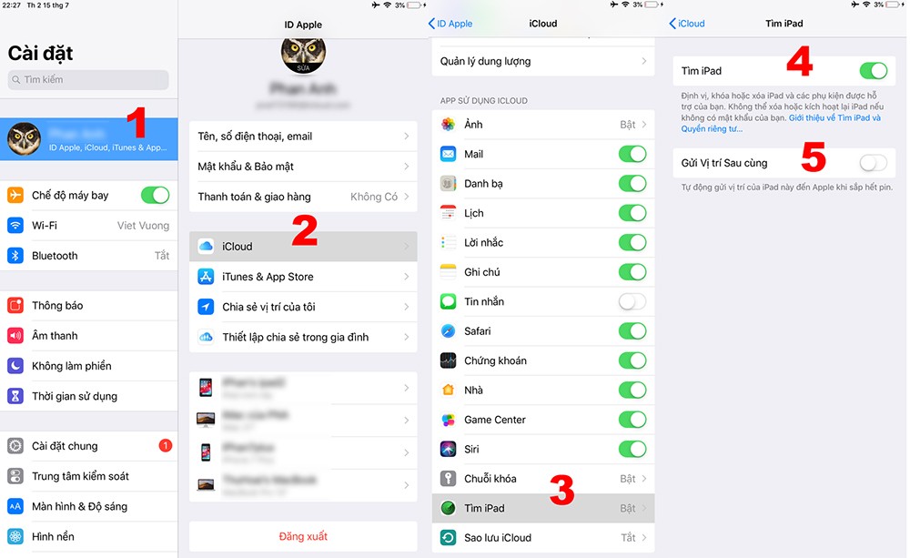Đầu tiên là cài đặt iCloud:  Bước 1: vào phần cài đặt của máy (Setting).  Bước 2: truy cập vào phần “cài đặt iCloud”.  Bước 3: kéo xuống dưới, chọn mục “Tìm iPhone” hoặc “Tìm iPad”.  Bước 4: bật tính năng tìm kiếm.  Bước 5: Bật tính năng “Gửi vị trí sau cùng”.  Cài đặt này giúp ích rất nhiều trong việc định vị và tìm lại thiết bị, khi chúng ta chẳng may để quên, hoặc làm mất máy. 