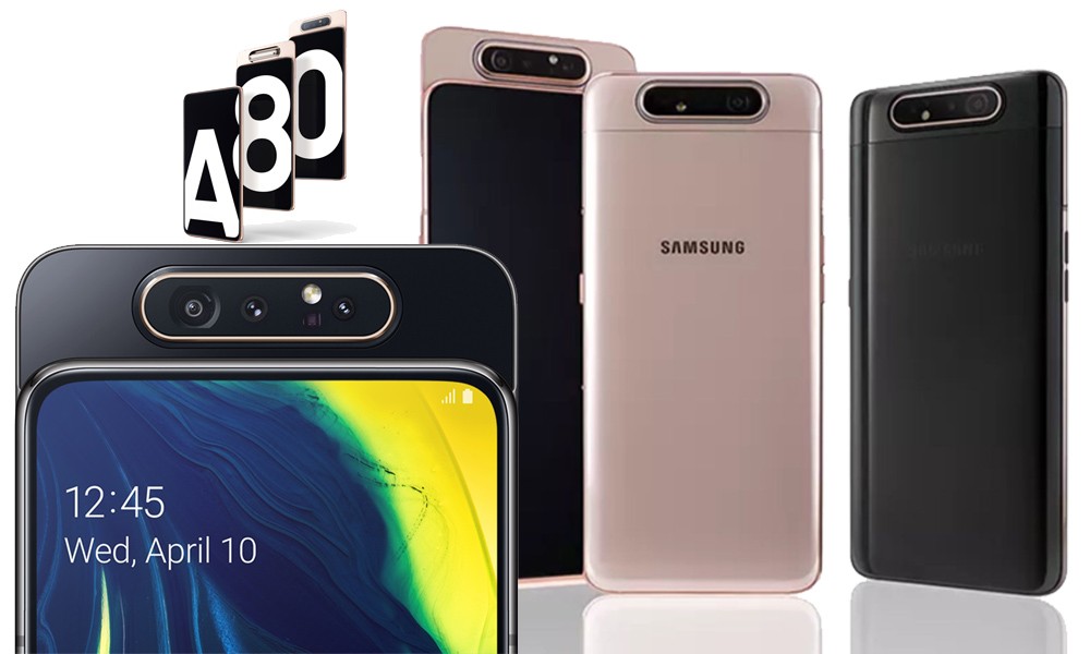 Samsung  Galaxy A80 được trang bị cụm camera 3 ống kính: cảm biến chính 48 MP khẩu độ f/2.0, tiêu cự 26 mm, cảm biến góc siêu rộng 8 MP khẩu độ f/2.2, tiêu cự 12 mm, cảm biến ToF 3D khẩu độ f/1.2, tiêu cự 30 mm.