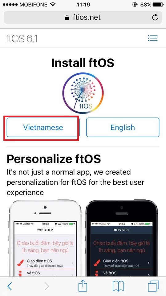 Đầu tiên các bạn hãy vào Safari trên màn hình  iPhone và tải Install ftOS trên trang ftios.net, ở đây có 2 phần ngôn ngữ tiếng việt và tiếng anh.