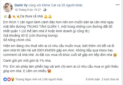 Mới đây, ca sỹ  Vy Oanh gây chú ý khi rao bán căn biệt thự ở quận 1 (TP HCM) trên trang cá nhân. Ảnh: chụp màn hình FB.