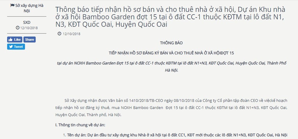 Theo thông báo của Sở Xây dựng Hà Nội, dự án  nhà ở xã hội Bamboo Garden (Quốc Oai, Hà Nội) do Công ty cổ phần tập đoàn CEO làm chủ đầu tư phải mở bán lần thứ 15. Ảnh chụp màn hình.