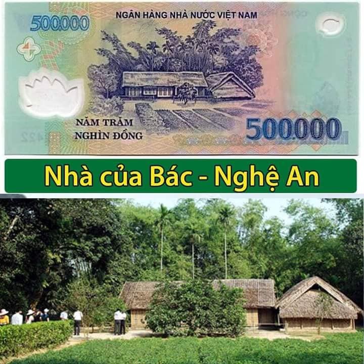 500.000 đồng là đồng tiền có mệnh giá lớn nhất hiện nay ở nước ta. Trên đó là hình ảnh ngôi nhà tranh 5 gian tại Làng Sen (Nam Đàn, Nghệ An). Ngôi nhà nằm trong khu di tích Kim Liên, nơi lưu giữ hiện vật và không gian văn hóa về thời niên thiếu của Chủ tịch Hồ Chí Minh và những người thân trong gia đình.