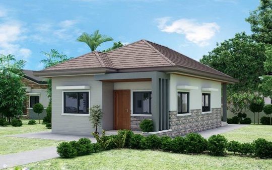  Mẫu nhà vườn cấp 4 80m2 hiện đại với kiến trúc đơn giản. Phần chân tường ốp đá tự nhiên đẹp mắt, vững chắc và bề thế. Ảnh: Wedo.