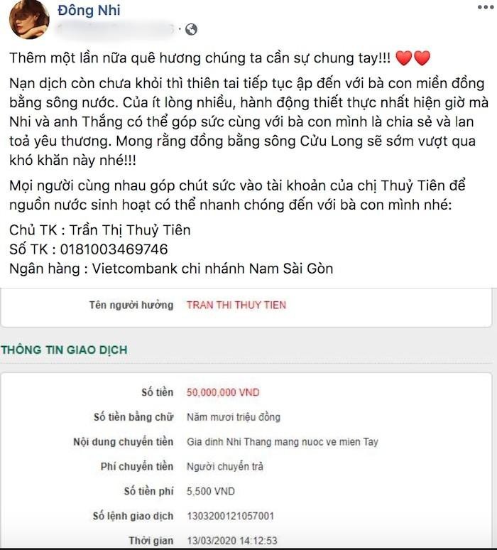 Thông qua phát động của nữ ca sĩ ThuỷTiên, vợ chồng  Đông Nhi - Ông Cao Thắng cũng đã ủng hộ 50 triệu đồng để giúp đỡ người dân miền Tây. Ảnh: Một thế giới.