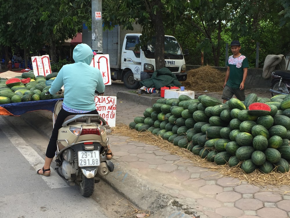 Dọc nhiều tuyến đường như Láng, đại lộ Thăng Long, Nguyễn Xiển, Xa La,... không khó để bắt gặp hình ảnh các sạp hàng  hoa quả giá rẻ bày bán bên lề đường.