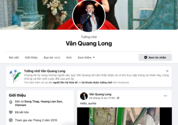 Facebook ca sĩ Vân Quang Long chuyển sang chế độ tưởng nhớ