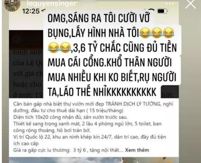 Thời gian qua,  ca sĩ Lệ Quyên tất bật trang hoàng cho căn biệt thự mới tại TP HCM. Đáng chú ý, khi căn nhà bị kẻ xấu mượn hình ảnh mang ra rao bán với giá 3,6 tỷ đồng, Lệ Quyên tuyên bố số tiền này chỉ đủ... mua cái cổng nhà.