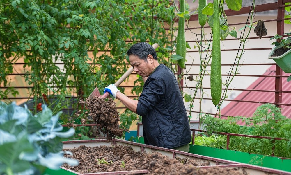 Từ năm 2011, anh Nguyễn Đức Khải (Cổ Nhuế, Bắc Từ Liêm, Hà Nội) đã lên ý tưởng thiết kế và thực hiện  vườn rau sân thượng cho gia đình. Ảnh: Dân trí