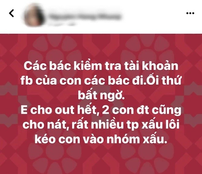 Mới đây, bà xã  nghệ sĩ Xuân Bắc thu hút sự chú ý của dân mạng khi chia sẻ đưa ra lời cảnh báo các bậc phụ huynh về việc kiểm soát sử dụng mạng xã hội của các con. Ảnh chụp màn hình