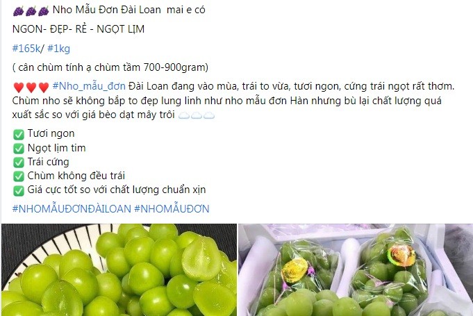 Thời gian gần đây, nho mẫu đơn được rao bán khắp chợ mạng với giá chỉ khoảng 100.000 - 170.000 đồng/kg thu hút đông đảo khách hàng đặt mua. Ảnh chụp màn hình