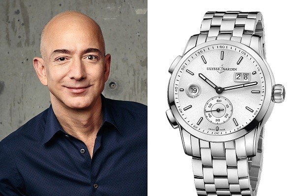 Tỷ phú công nghệ Jeff Bezos luôn xuất hiện với bộ vest quen thuộc, đồng thời rất trung thành với món phụ kiện đó là đồng hồ Ulysse Nardin Dual Time. Mỗi chiếc đồng hồ có giá hàng nghìn USD tuy nhiên vẫn được coi là sản phẩm tương đối ít tiền so với khối tài sản 113 tỷ USD của ông.