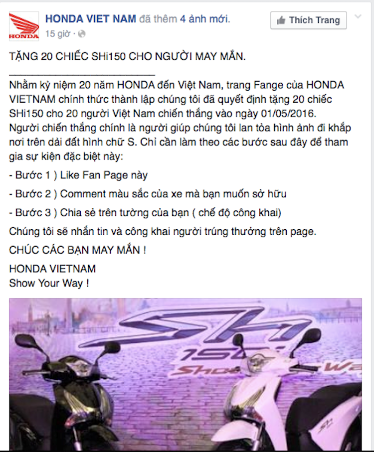 Trên thực tế, các "chiêu trò"  like page tặng xe, like post và share post trên Facebook để có cơ hội trúng giải thưởng lớn đã được áp dụng từ lâu bởi một số đối tượng chuyên kinh doanh page và like trên mạng xã hội này.