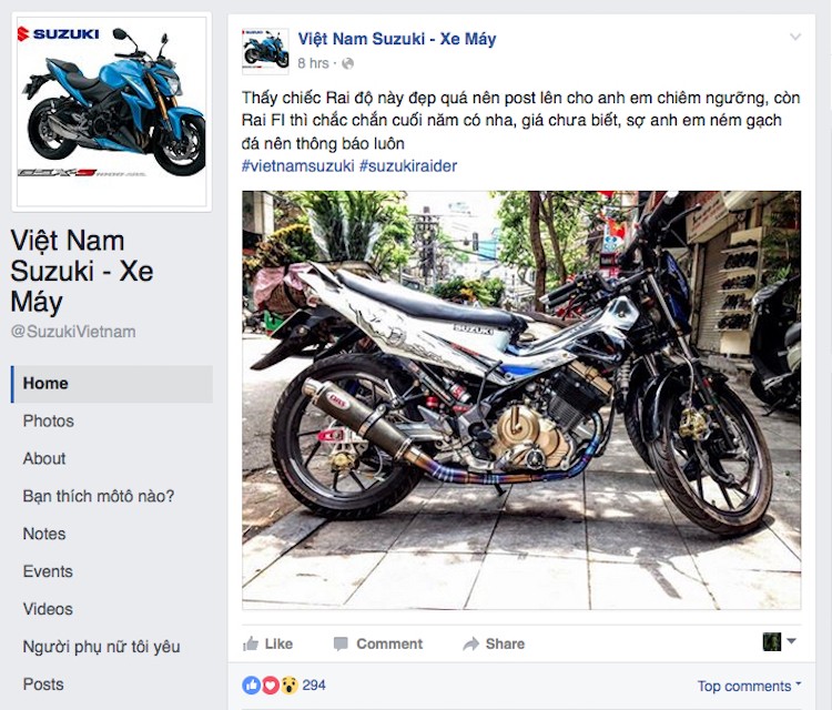 Vừa qua trên facebook chính thức của  Suzuki Việt Nam, một quản trị viên của trang này đã đăng bức hình chụp một chiếc Raider độ, kèm theo lời khẳng định chắc chắn rằng Suzuki Raider 150 FI thế hệ mới sẽ được hãng tung ra vào cuối năm nay.