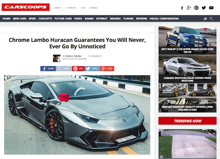 Chiếc  siêu xe Lamborghini Huracan độ "khủng" nhất Việt Nam với full bodykit của hãng Vorsteiner, mâm Forgiato và dán tem trùm chrome toàn thân đã được Carscoops - một trang thông tin xe hơi nổi tiếng Thế giới khen ngợi. Theo Carscoops, chiếc Huracan độ này sẽ khiến người cầm lái luôn thu hút mọi ánh nhìn trên đường.